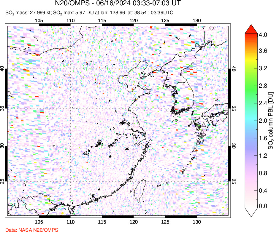 A sulfur dioxide image over Eastern China on Jun 16, 2024.