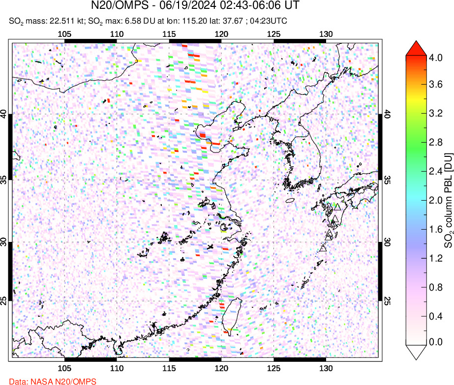 A sulfur dioxide image over Eastern China on Jun 19, 2024.