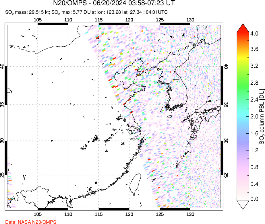 A sulfur dioxide image over Eastern China on Jun 20, 2024.