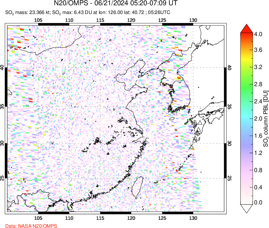 A sulfur dioxide image over Eastern China on Jun 21, 2024.