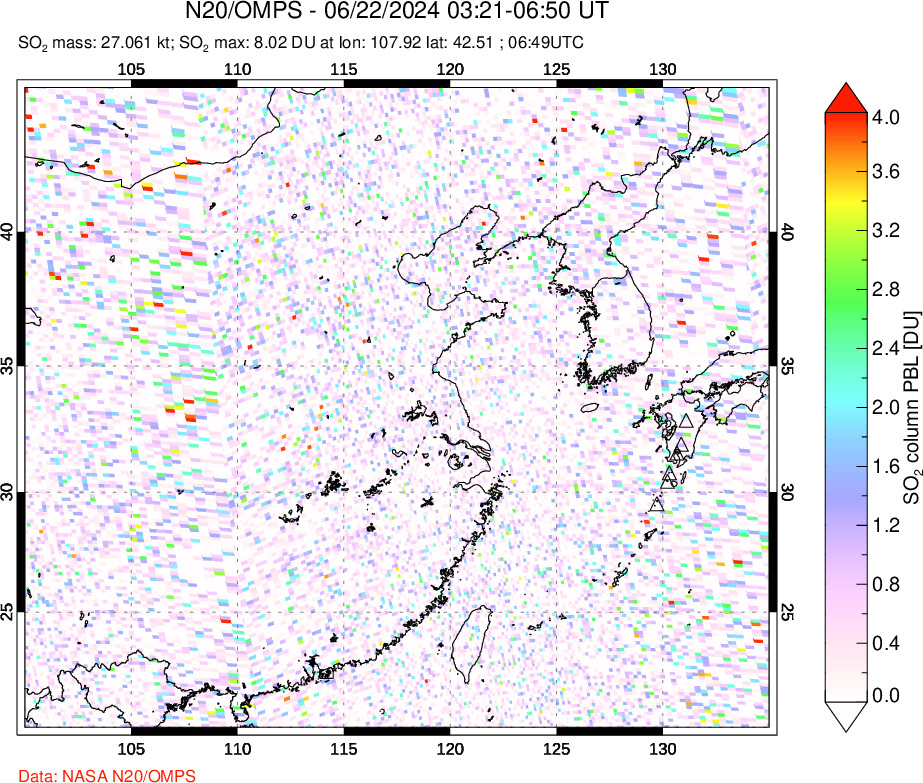 A sulfur dioxide image over Eastern China on Jun 22, 2024.