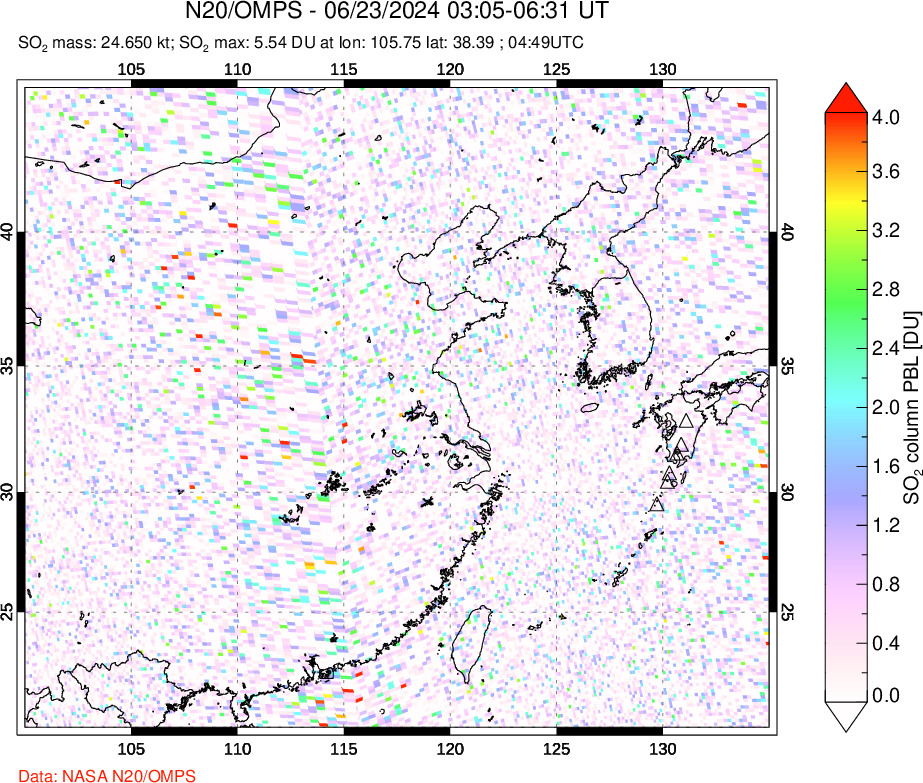 A sulfur dioxide image over Eastern China on Jun 23, 2024.