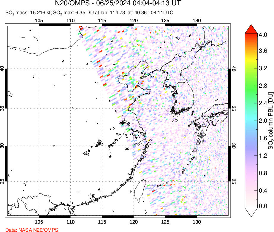 A sulfur dioxide image over Eastern China on Jun 25, 2024.