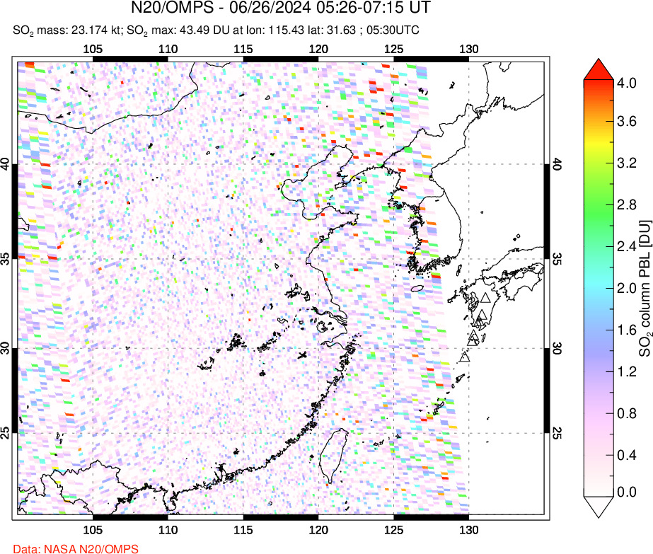 A sulfur dioxide image over Eastern China on Jun 26, 2024.