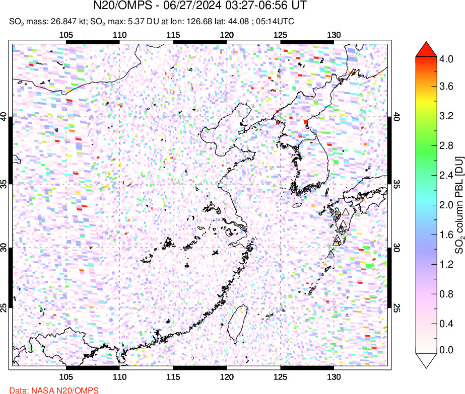 A sulfur dioxide image over Eastern China on Jun 27, 2024.