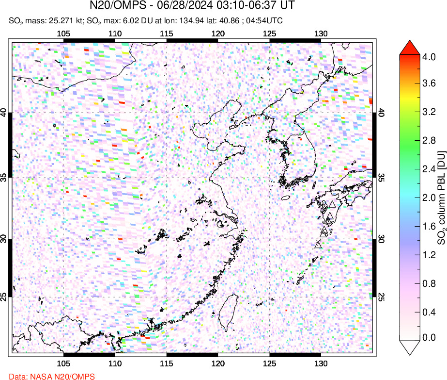 A sulfur dioxide image over Eastern China on Jun 28, 2024.