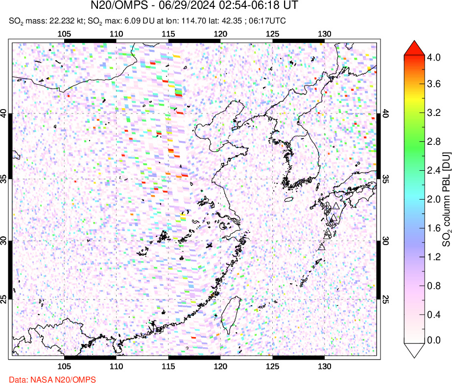 A sulfur dioxide image over Eastern China on Jun 29, 2024.