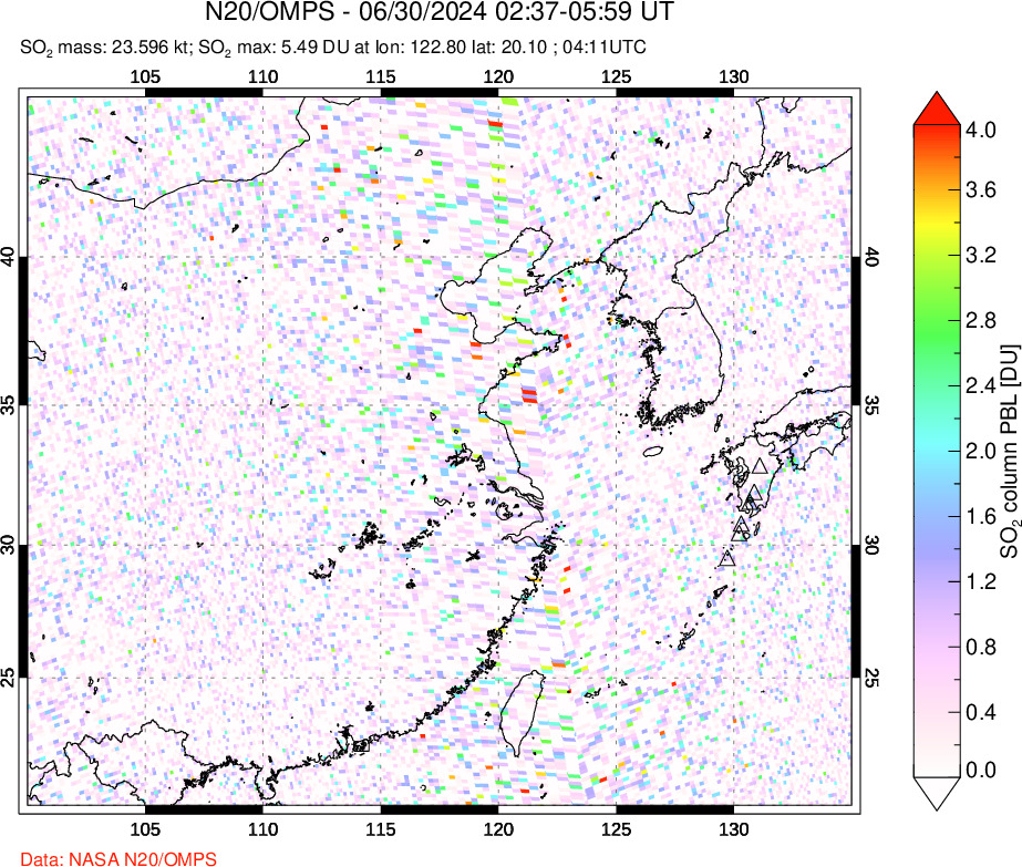 A sulfur dioxide image over Eastern China on Jun 30, 2024.