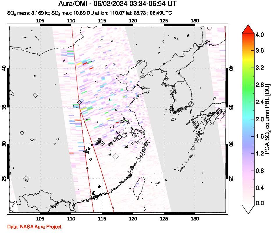 A sulfur dioxide image over Eastern China on Jun 02, 2024.