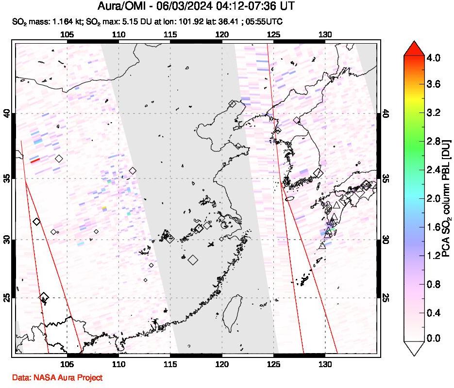 A sulfur dioxide image over Eastern China on Jun 03, 2024.