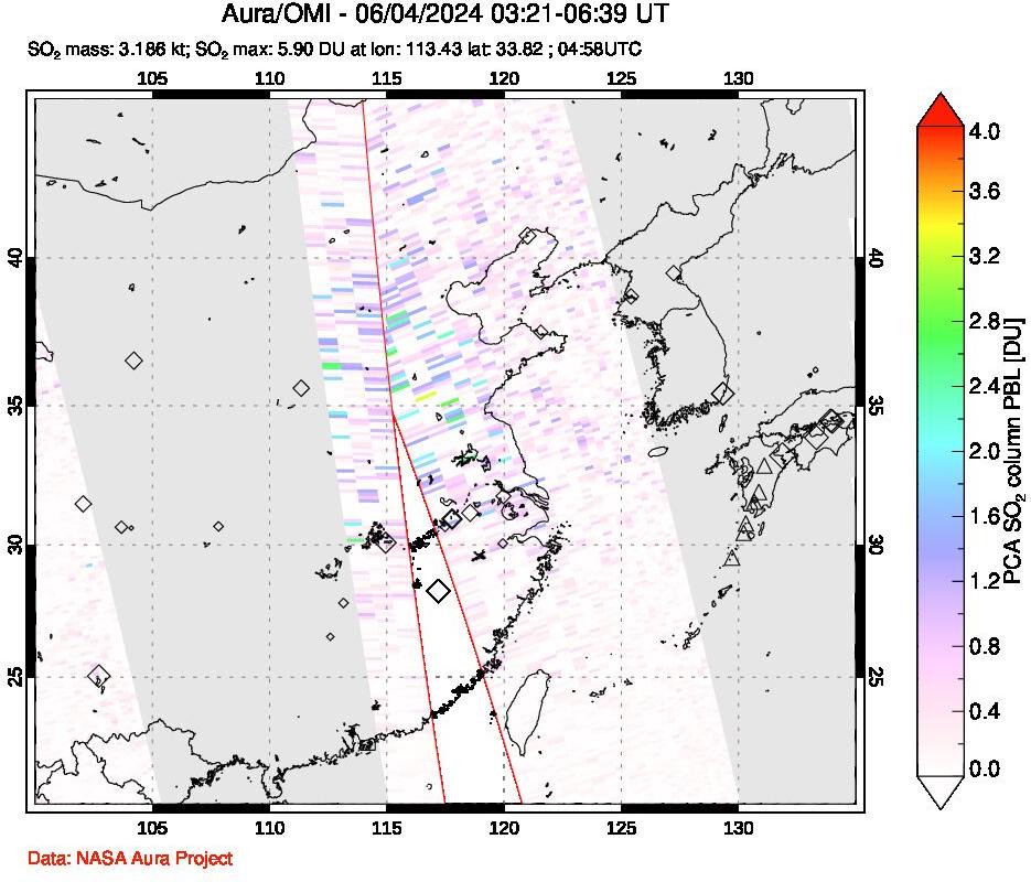 A sulfur dioxide image over Eastern China on Jun 04, 2024.