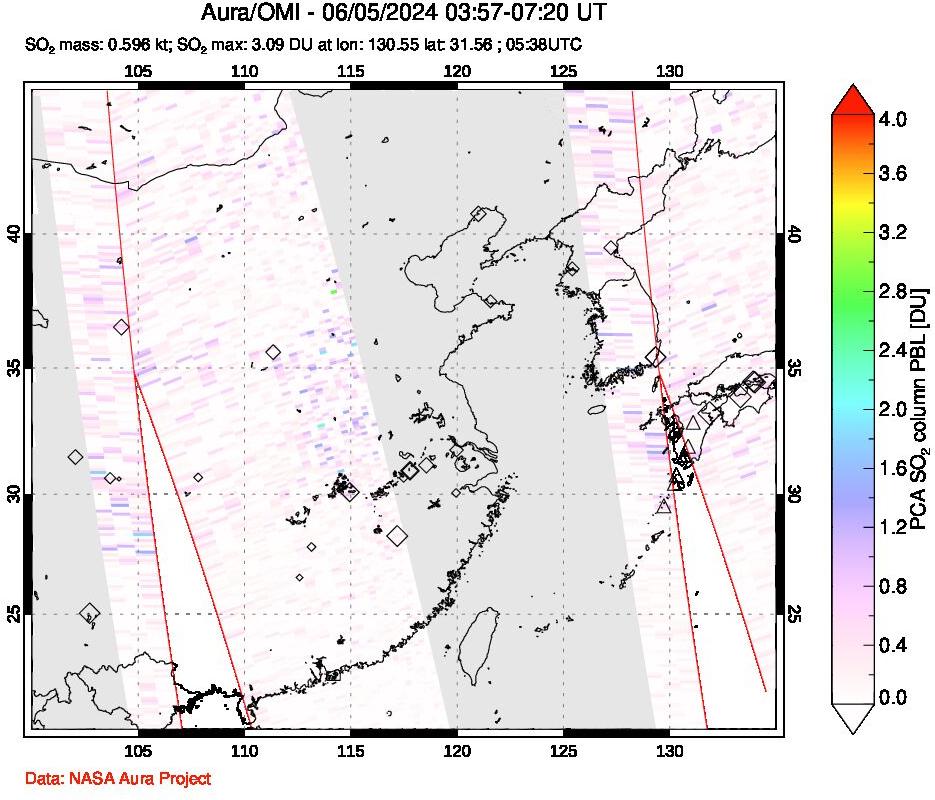 A sulfur dioxide image over Eastern China on Jun 05, 2024.