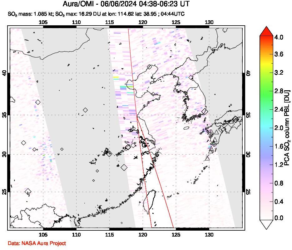 A sulfur dioxide image over Eastern China on Jun 06, 2024.