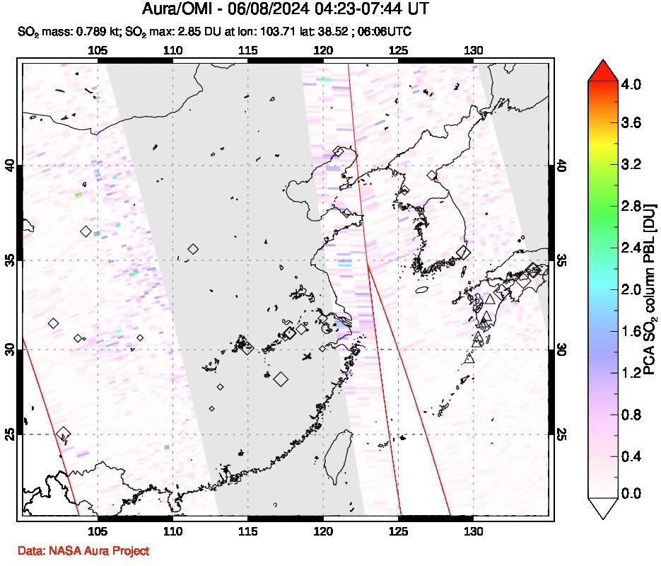 A sulfur dioxide image over Eastern China on Jun 08, 2024.