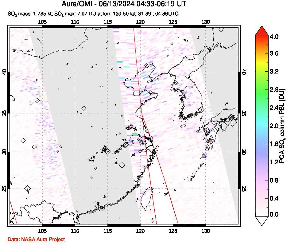 A sulfur dioxide image over Eastern China on Jun 13, 2024.