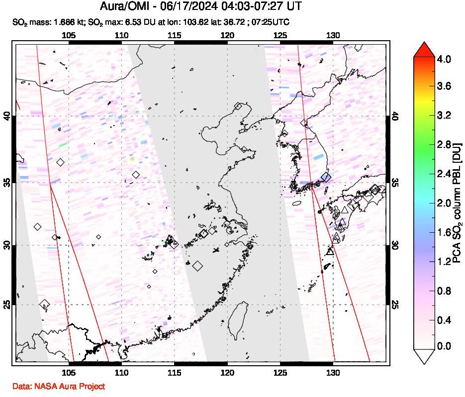 A sulfur dioxide image over Eastern China on Jun 17, 2024.