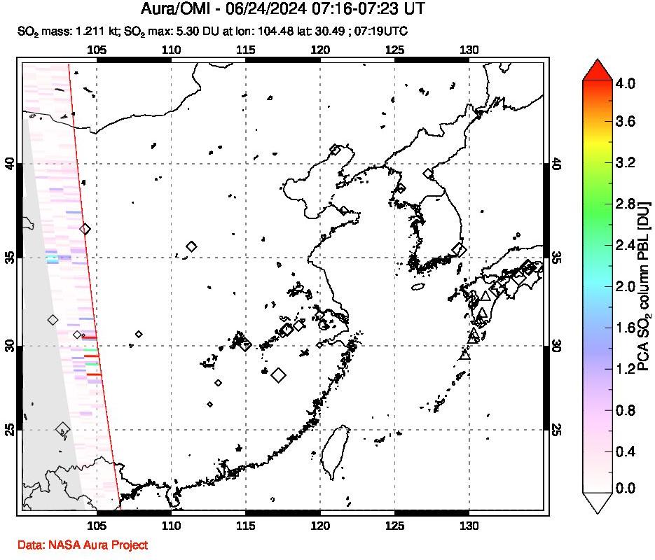 A sulfur dioxide image over Eastern China on Jun 24, 2024.