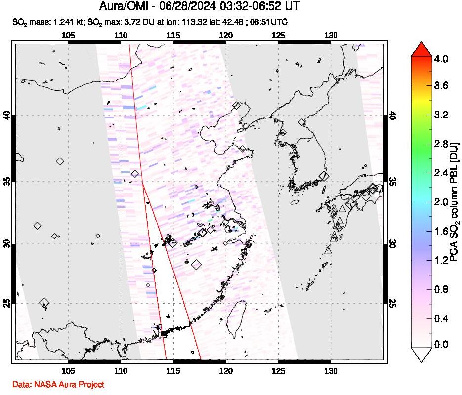 A sulfur dioxide image over Eastern China on Jun 28, 2024.