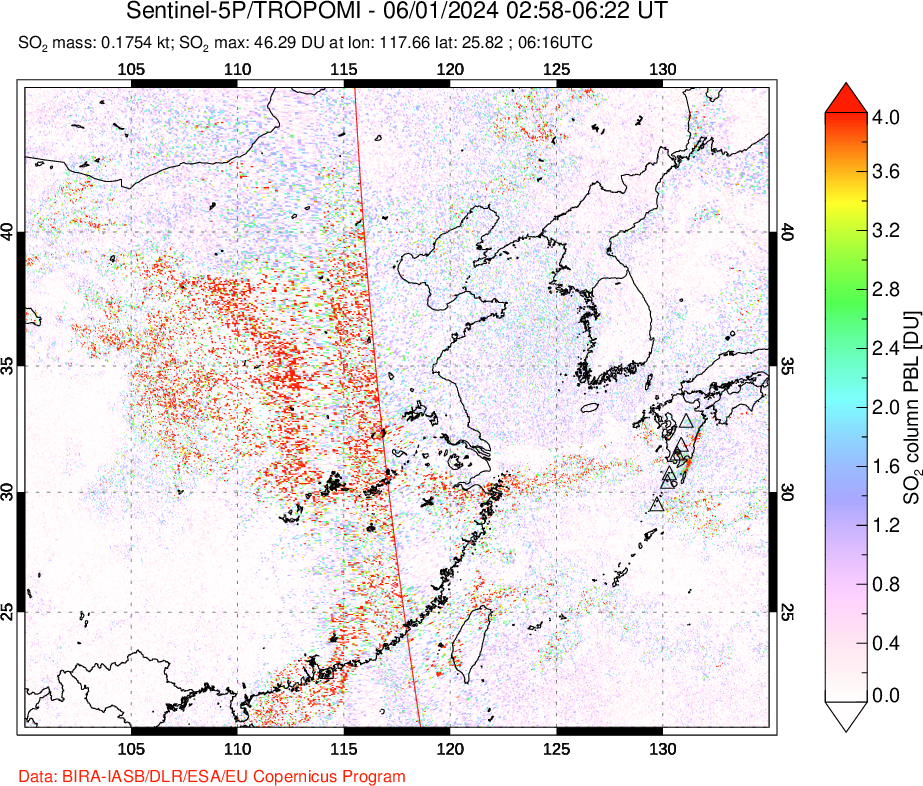 A sulfur dioxide image over Eastern China on Jun 01, 2024.