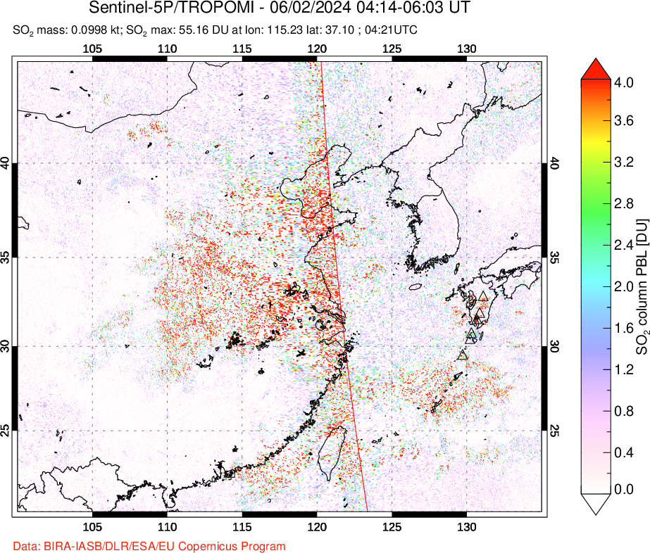 A sulfur dioxide image over Eastern China on Jun 02, 2024.