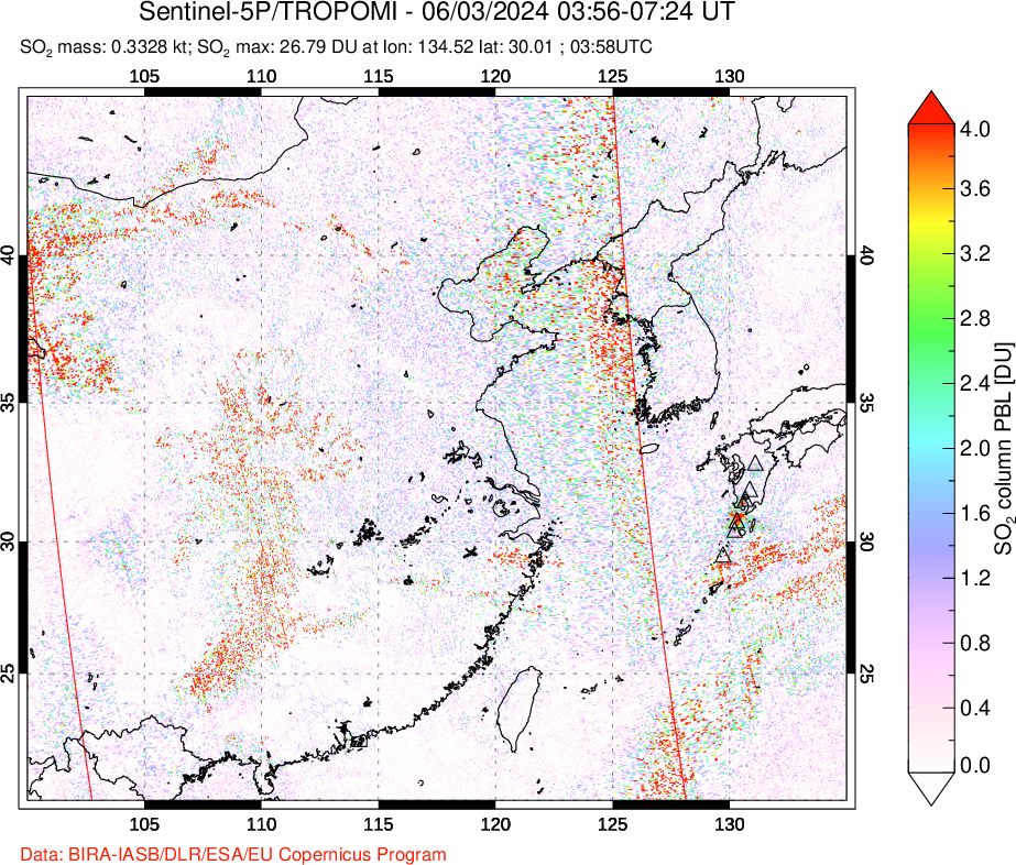 A sulfur dioxide image over Eastern China on Jun 03, 2024.