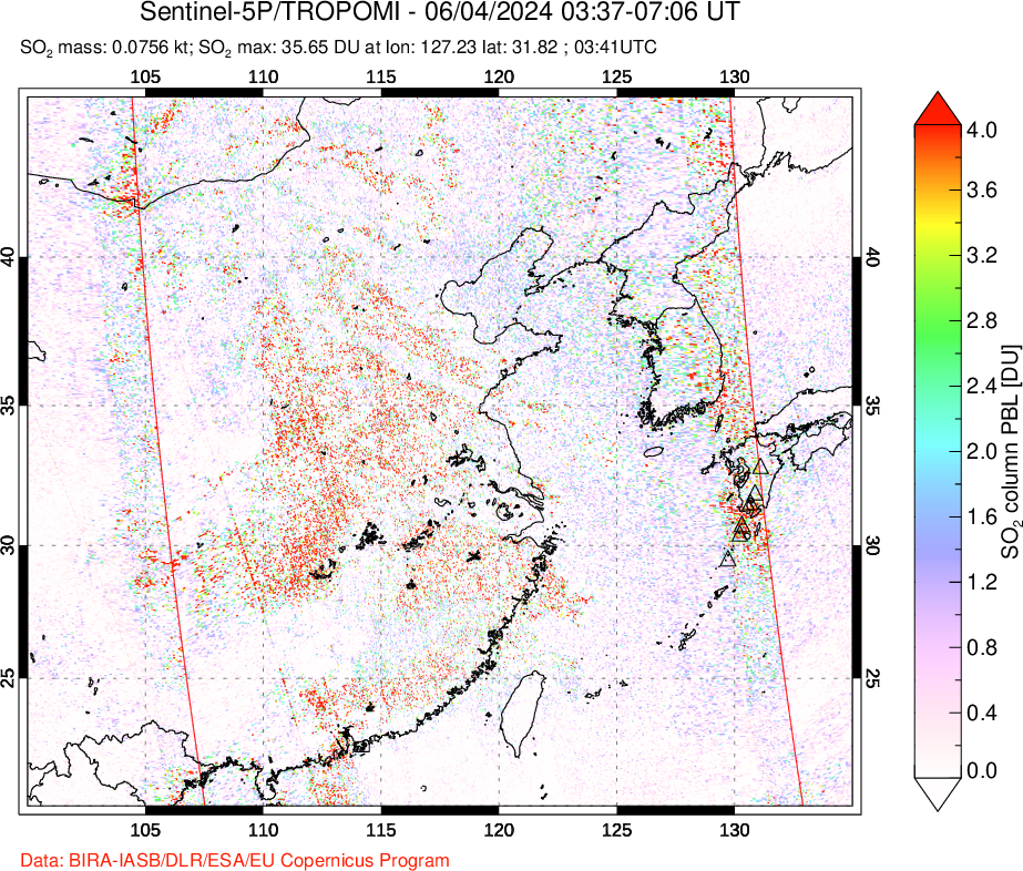 A sulfur dioxide image over Eastern China on Jun 04, 2024.