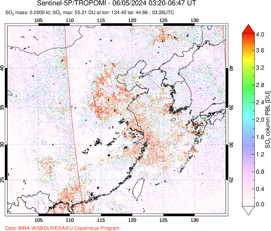 A sulfur dioxide image over Eastern China on Jun 05, 2024.