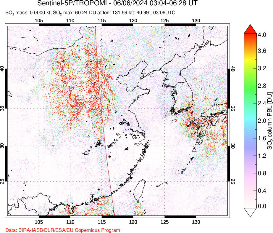 A sulfur dioxide image over Eastern China on Jun 06, 2024.