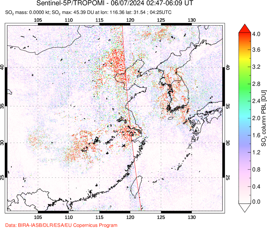 A sulfur dioxide image over Eastern China on Jun 07, 2024.