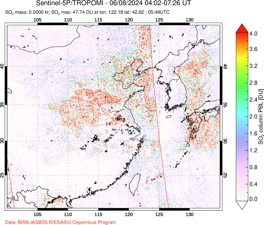 A sulfur dioxide image over Eastern China on Jun 08, 2024.