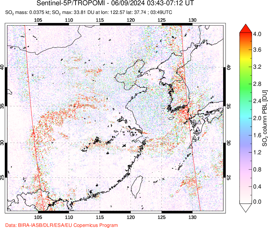 A sulfur dioxide image over Eastern China on Jun 09, 2024.