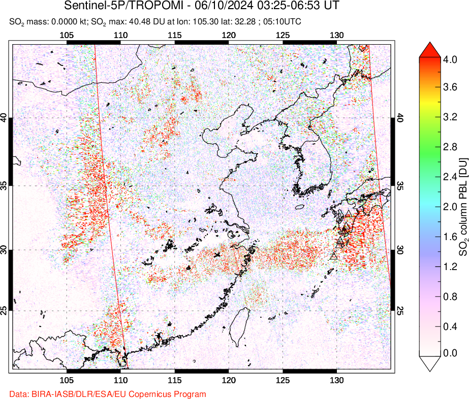 A sulfur dioxide image over Eastern China on Jun 10, 2024.