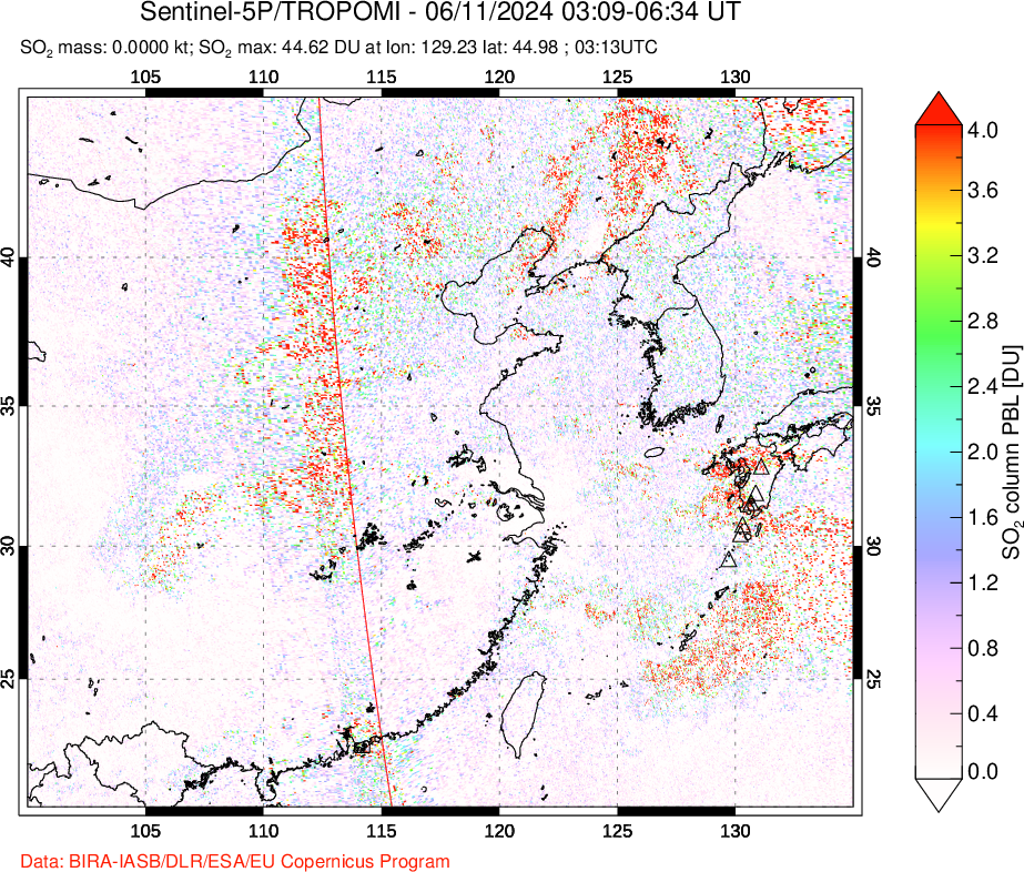 A sulfur dioxide image over Eastern China on Jun 11, 2024.