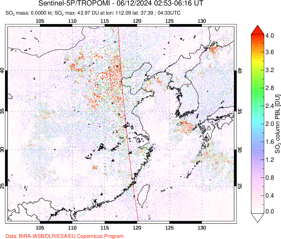 A sulfur dioxide image over Eastern China on Jun 12, 2024.