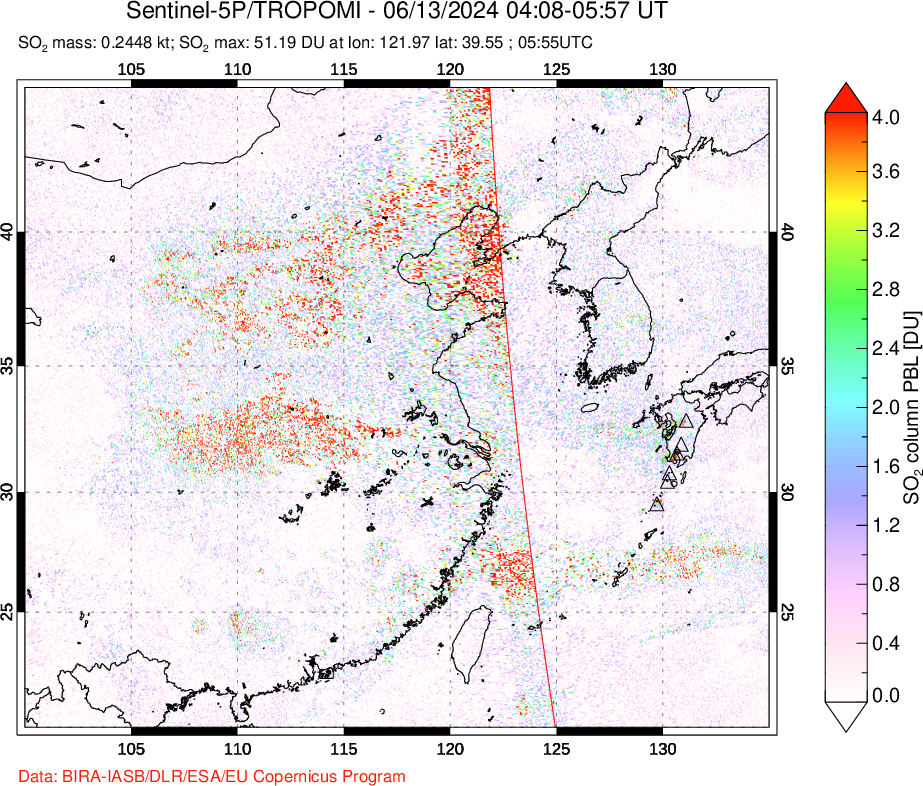 A sulfur dioxide image over Eastern China on Jun 13, 2024.