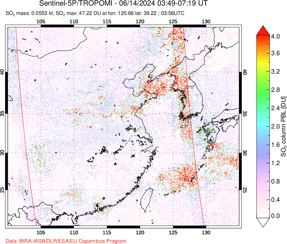 A sulfur dioxide image over Eastern China on Jun 14, 2024.