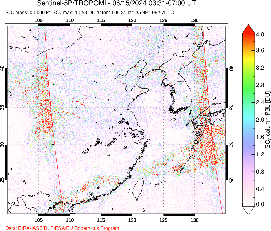 A sulfur dioxide image over Eastern China on Jun 15, 2024.