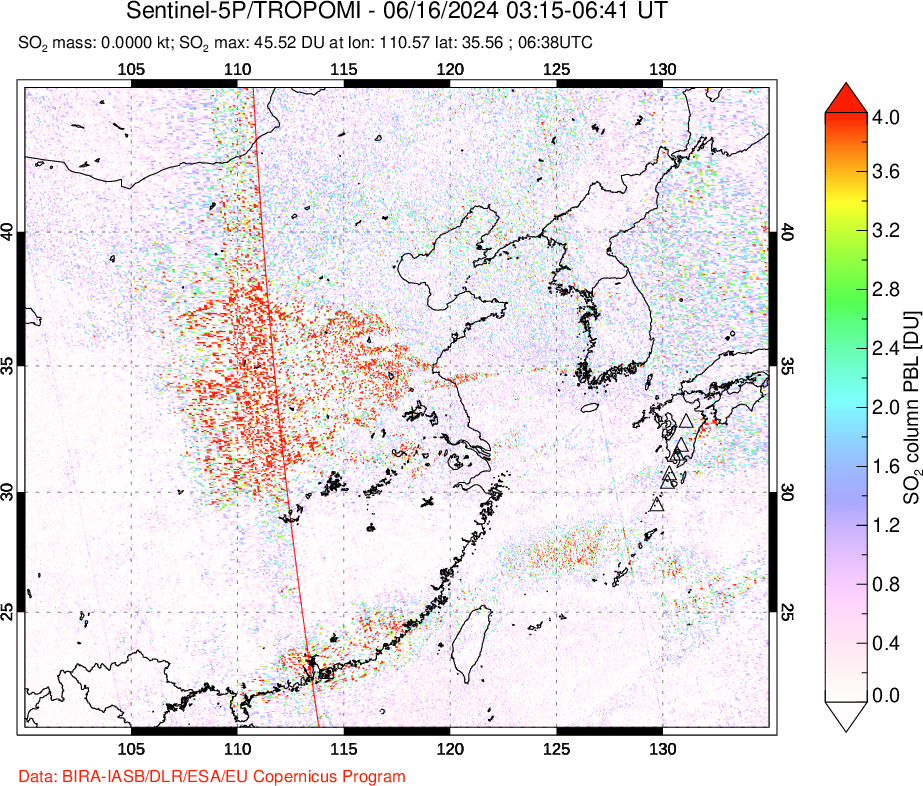 A sulfur dioxide image over Eastern China on Jun 16, 2024.