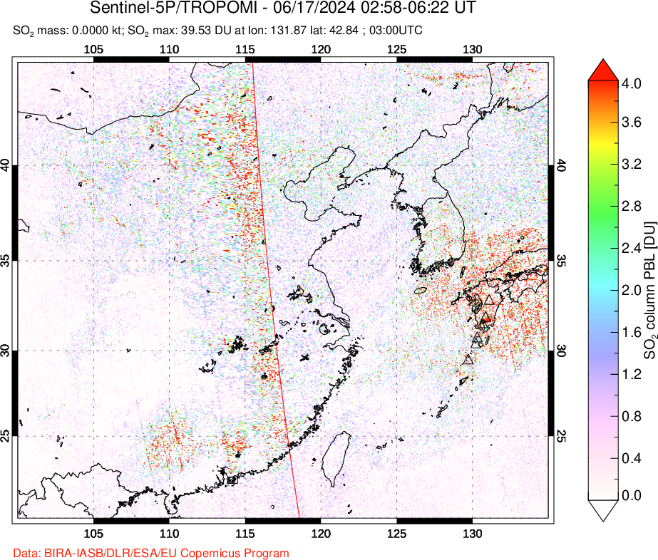 A sulfur dioxide image over Eastern China on Jun 17, 2024.