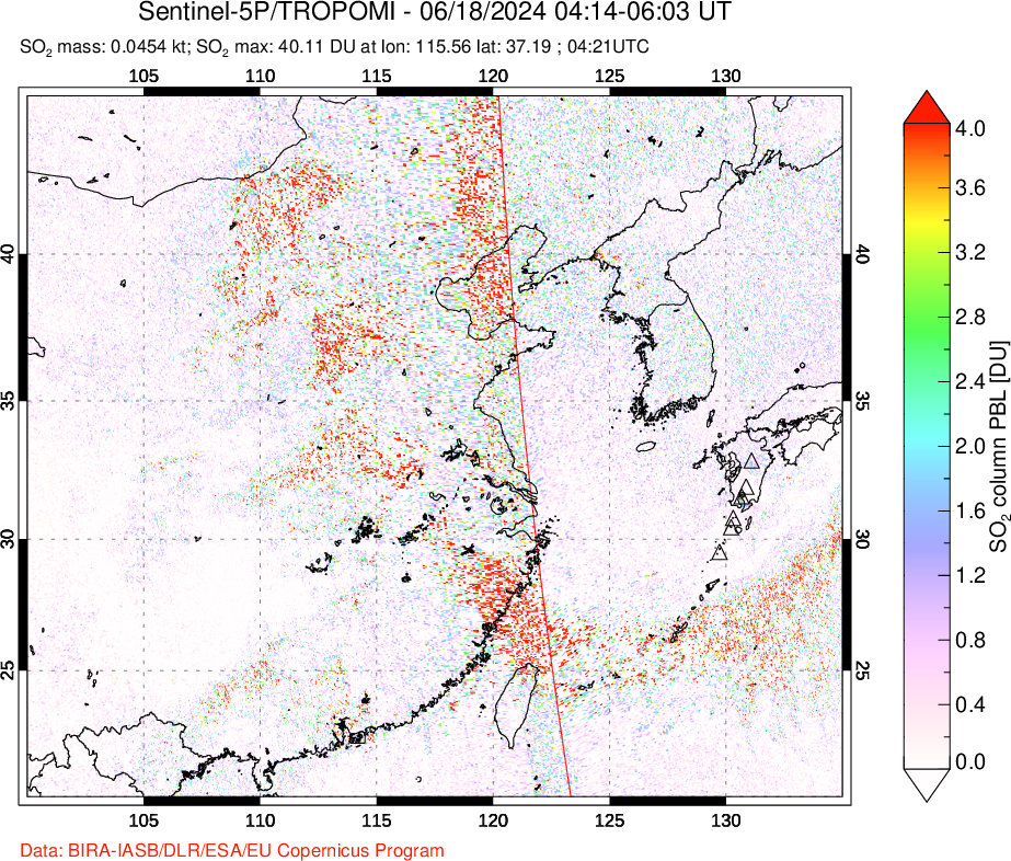 A sulfur dioxide image over Eastern China on Jun 18, 2024.