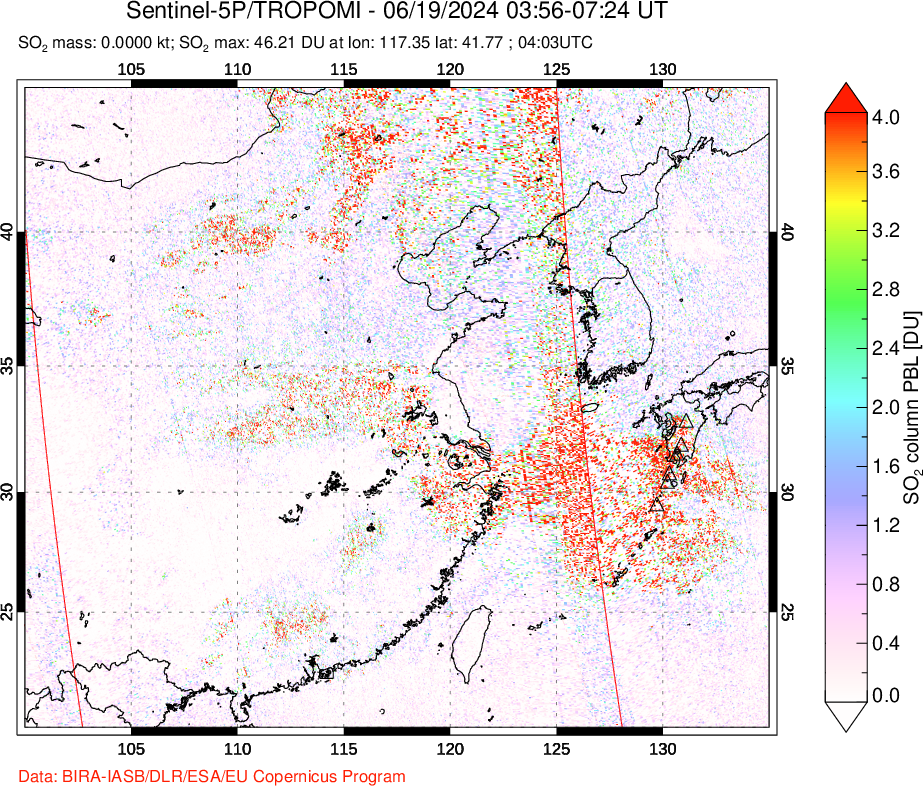 A sulfur dioxide image over Eastern China on Jun 19, 2024.