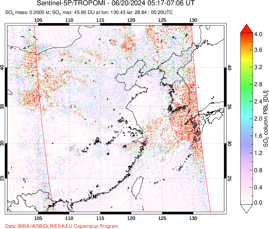 A sulfur dioxide image over Eastern China on Jun 20, 2024.