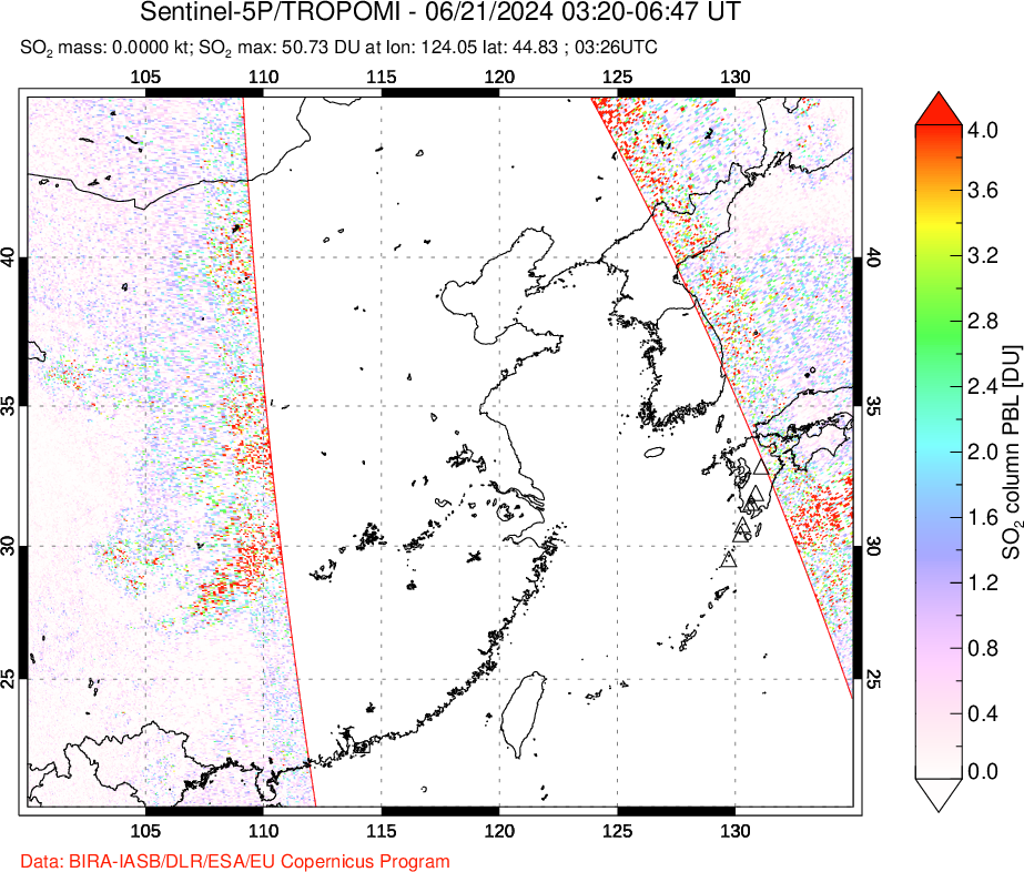 A sulfur dioxide image over Eastern China on Jun 21, 2024.