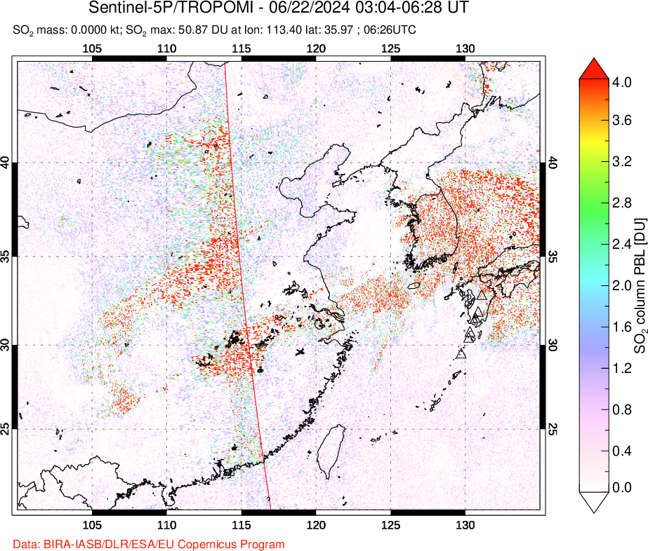 A sulfur dioxide image over Eastern China on Jun 22, 2024.