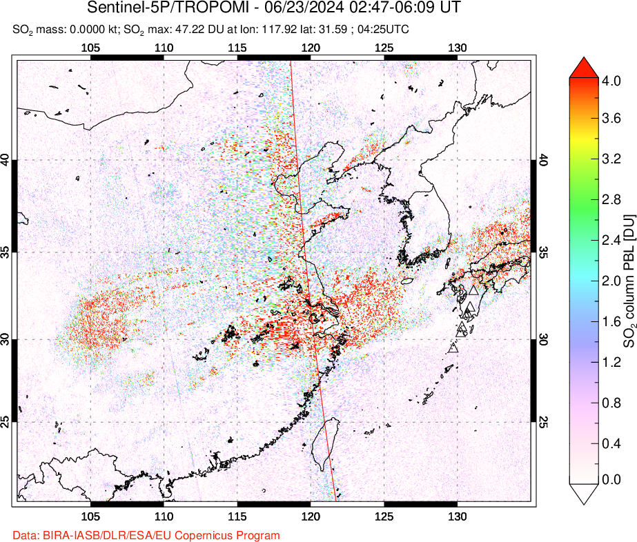 A sulfur dioxide image over Eastern China on Jun 23, 2024.