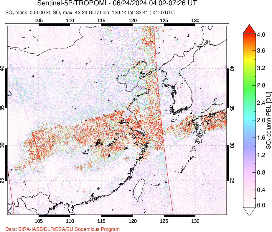 A sulfur dioxide image over Eastern China on Jun 24, 2024.