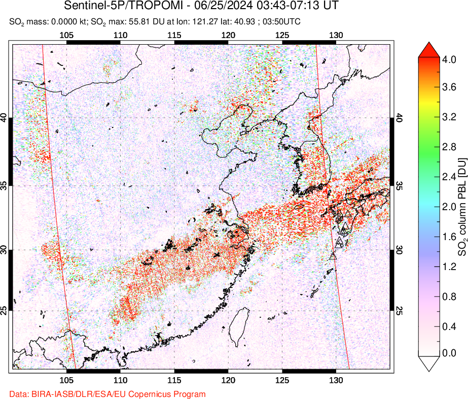 A sulfur dioxide image over Eastern China on Jun 25, 2024.