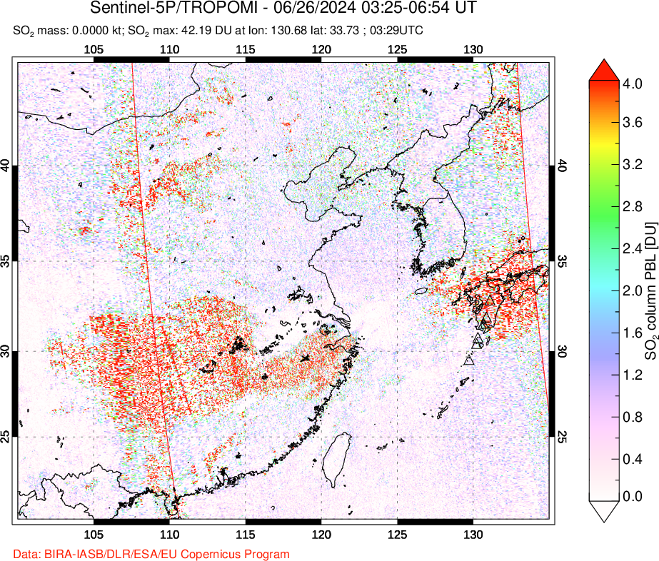 A sulfur dioxide image over Eastern China on Jun 26, 2024.