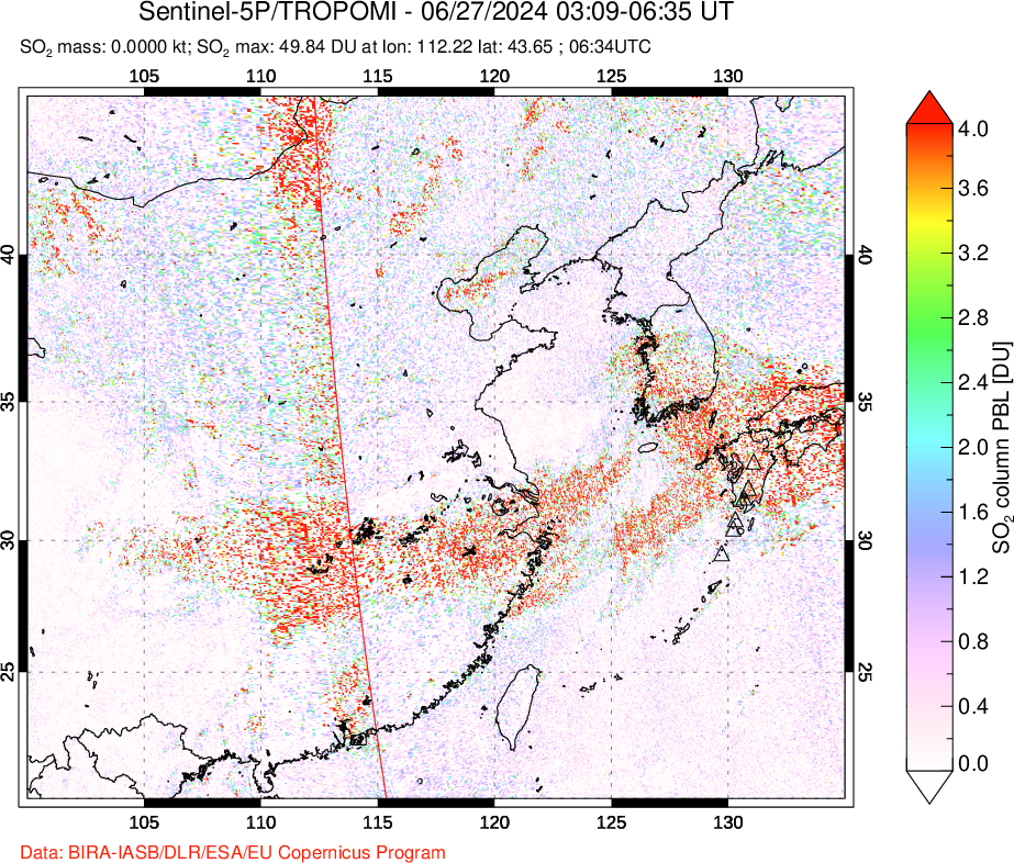 A sulfur dioxide image over Eastern China on Jun 27, 2024.