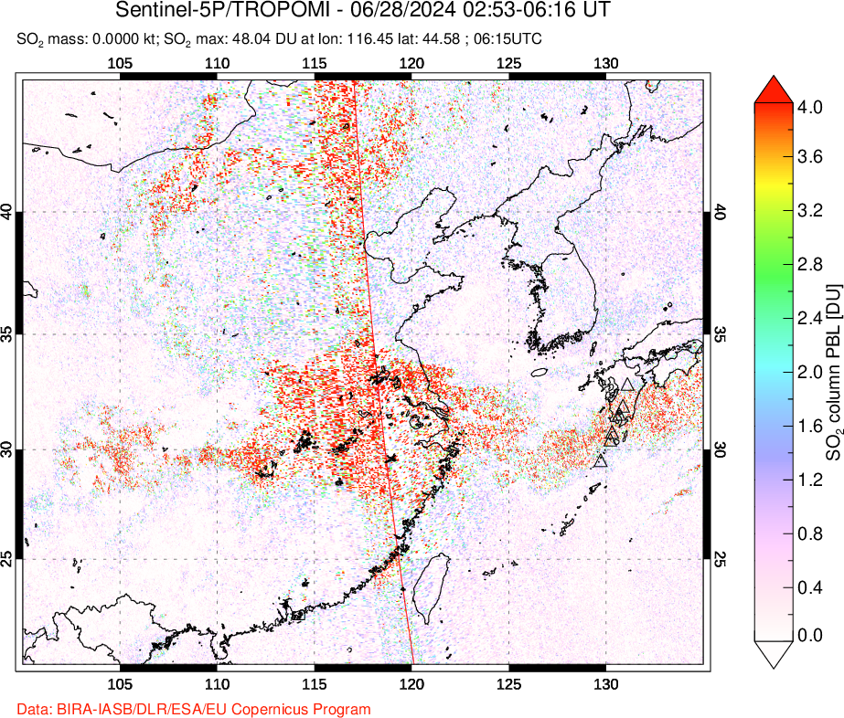 A sulfur dioxide image over Eastern China on Jun 28, 2024.